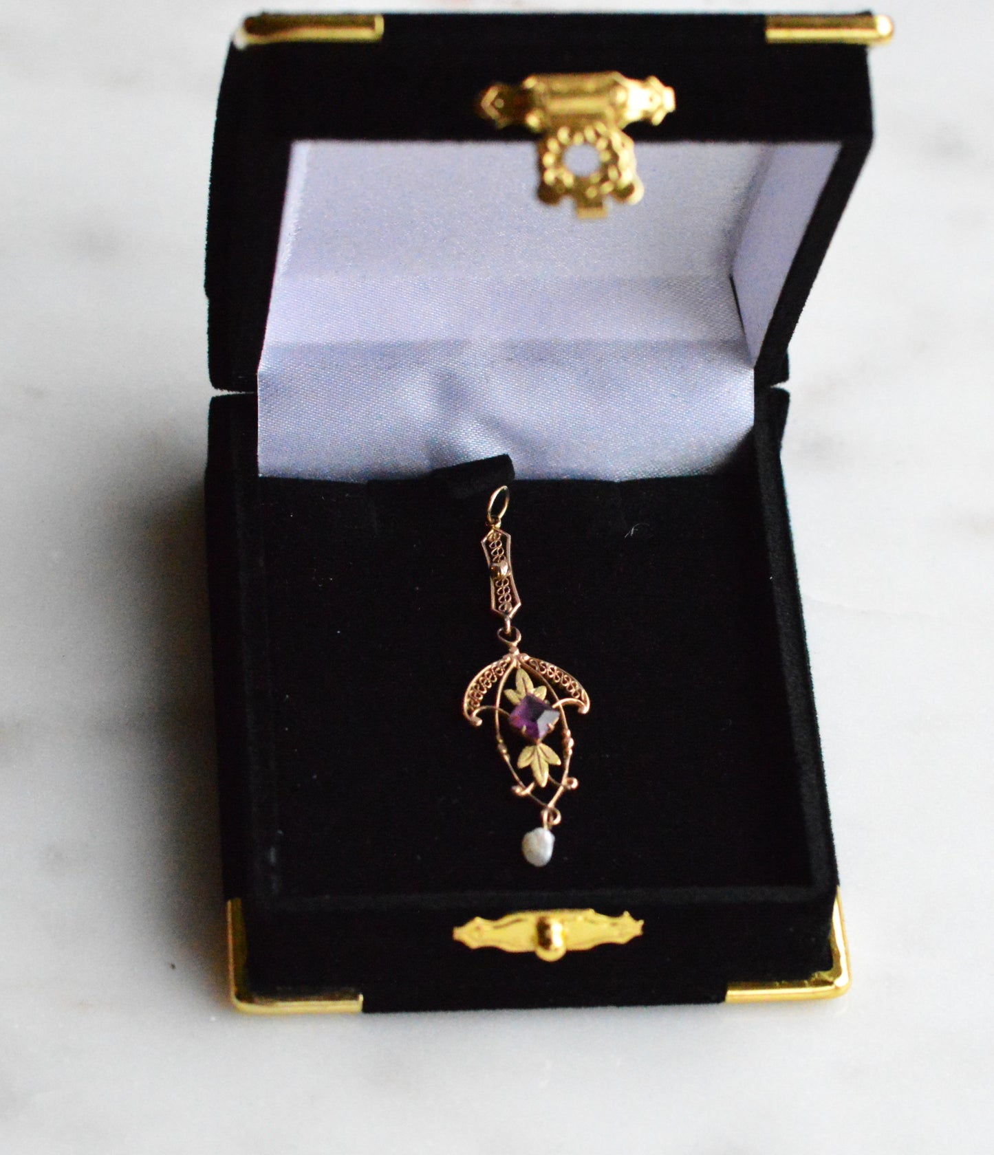 Antique Edwardian 10K Gold Lavalier Pendant - Amethyst & Seed Pearl Filigree - Art Nouveau Openwork Drop Necklace - Circa 1910 Fine Jewelry