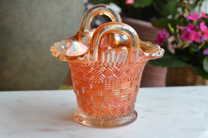 Antique Dugan Marigold Carnival Glass Handled Basket – Beaded Basketweave Pattern, Early 1900s Iridescent Art Glass