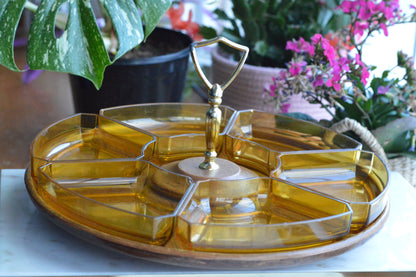 Vintage Mid Century Modern Lazy Susan - Thermo-Serv Westwood Amber Lucite 7 Piece Set - Faux Wood Base