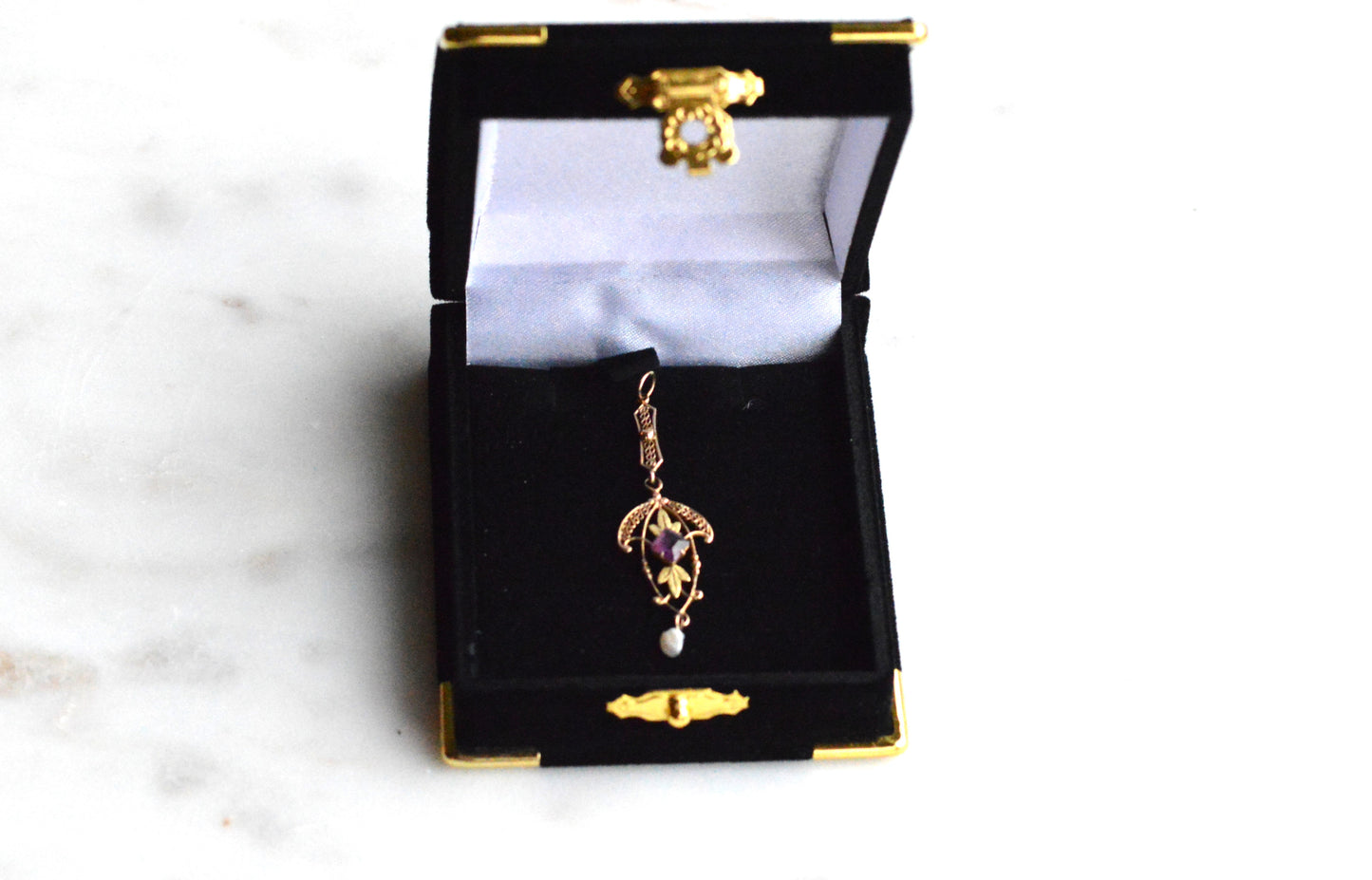 Antique Edwardian 10K Gold Lavalier Pendant - Amethyst & Seed Pearl Filigree - Art Nouveau Openwork Drop Necklace - Circa 1910 Fine Jewelry