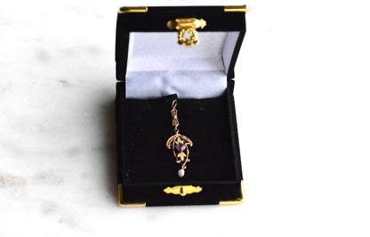 Antique Edwardian 10K Gold Lavalier Pendant - Amethyst & Seed Pearl Filigree - Art Nouveau Openwork Drop Necklace - Circa 1910 Fine Jewelry