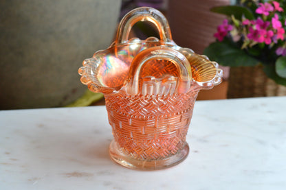 Antique Dugan Marigold Carnival Glass Handled Basket – Beaded Basketweave Pattern, Early 1900s Iridescent Art Glass