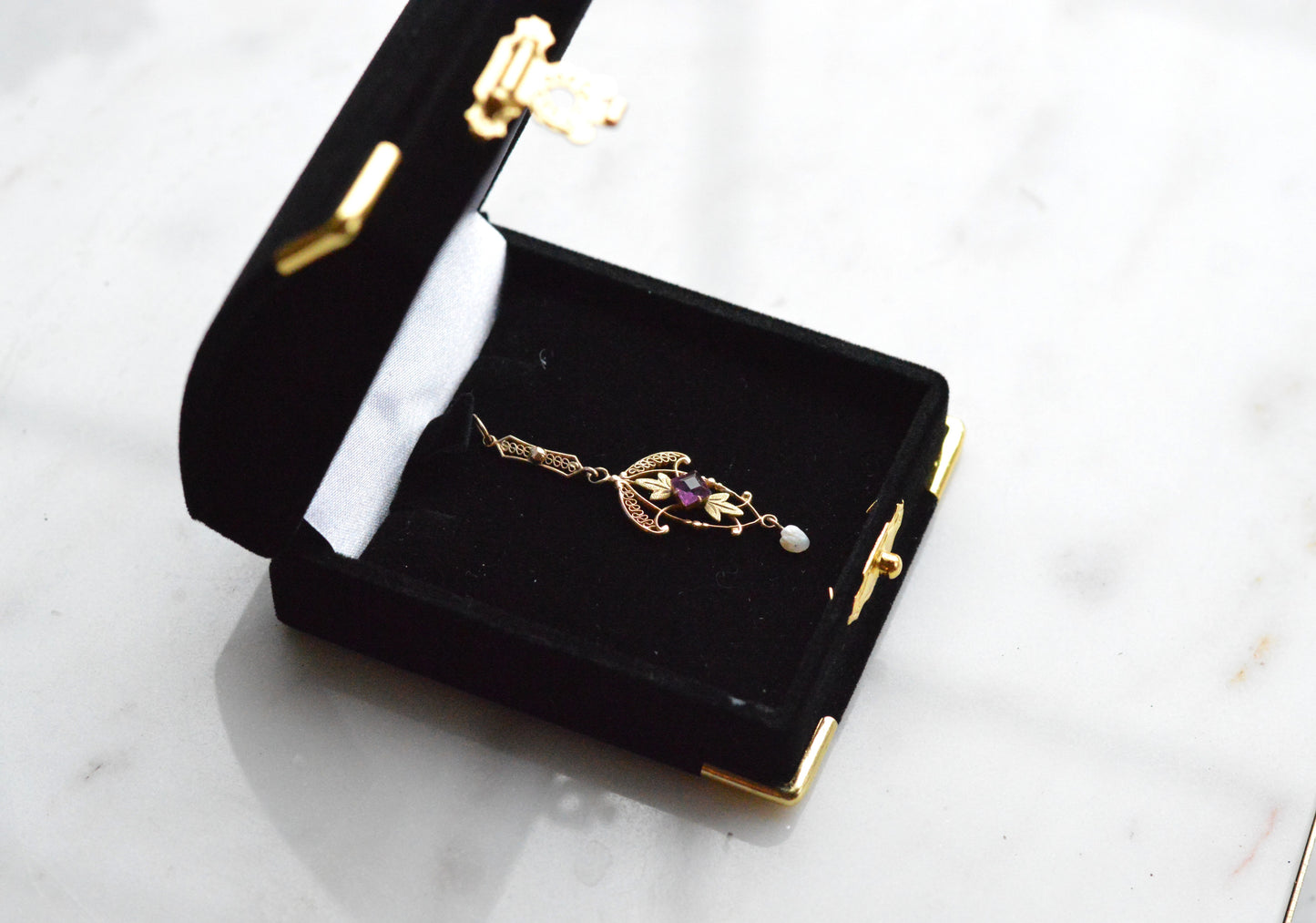 Antique Edwardian 10K Gold Lavalier Pendant - Amethyst & Seed Pearl Filigree - Art Nouveau Openwork Drop Necklace - Circa 1910 Fine Jewelry