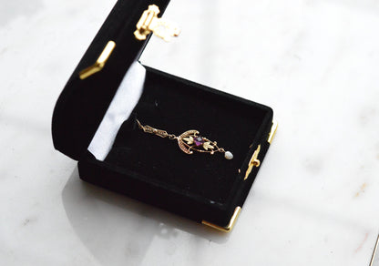 Antique Edwardian 10K Gold Lavalier Pendant - Amethyst & Seed Pearl Filigree - Art Nouveau Openwork Drop Necklace - Circa 1910 Fine Jewelry