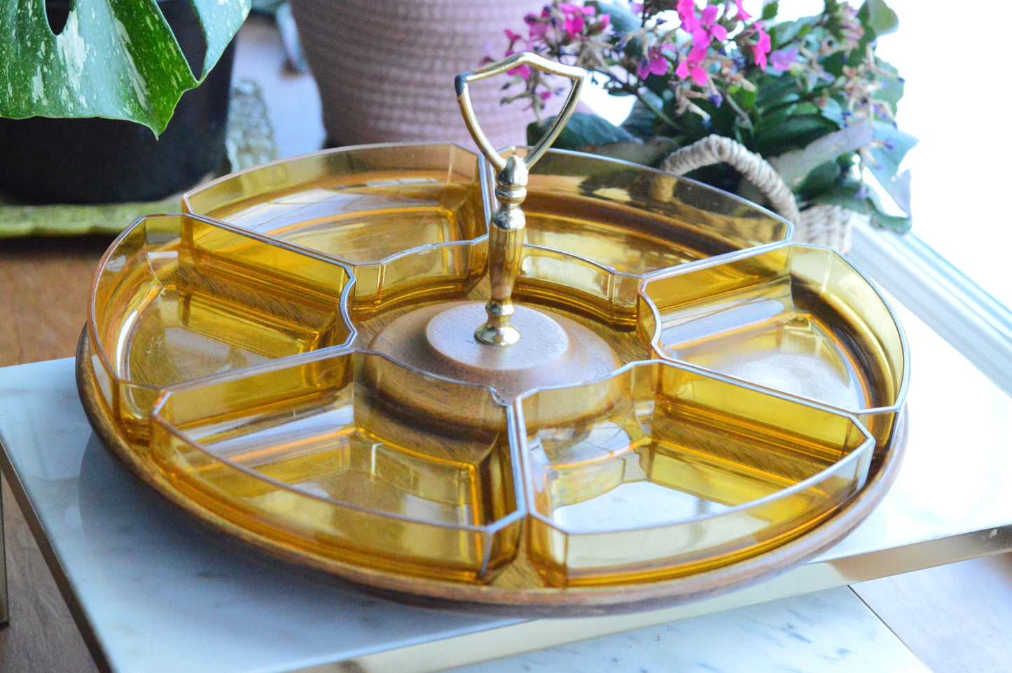 Vintage Mid Century Modern Lazy Susan - Thermo-Serv Westwood Amber Lucite 7 Piece Set - Faux Wood Base