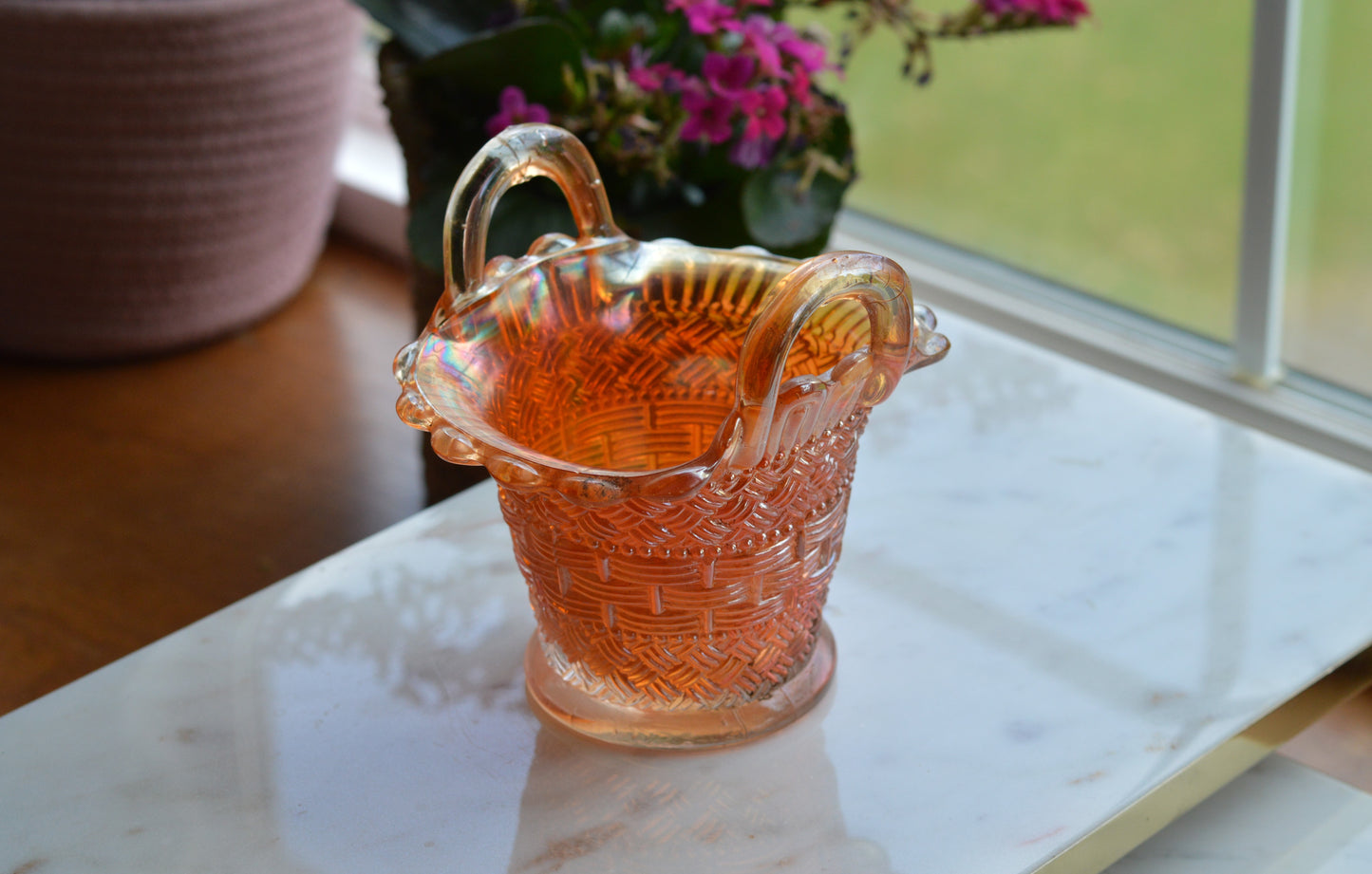 Antique Dugan Marigold Carnival Glass Handled Basket – Beaded Basketweave Pattern, Early 1900s Iridescent Art Glass
