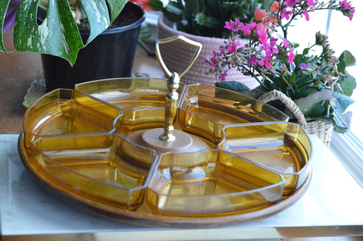 Vintage Mid Century Modern Lazy Susan - Thermo-Serv Westwood Amber Lucite 7 Piece Set - Faux Wood Base