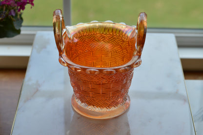 Antique Dugan Marigold Carnival Glass Handled Basket – Beaded Basketweave Pattern, Early 1900s Iridescent Art Glass