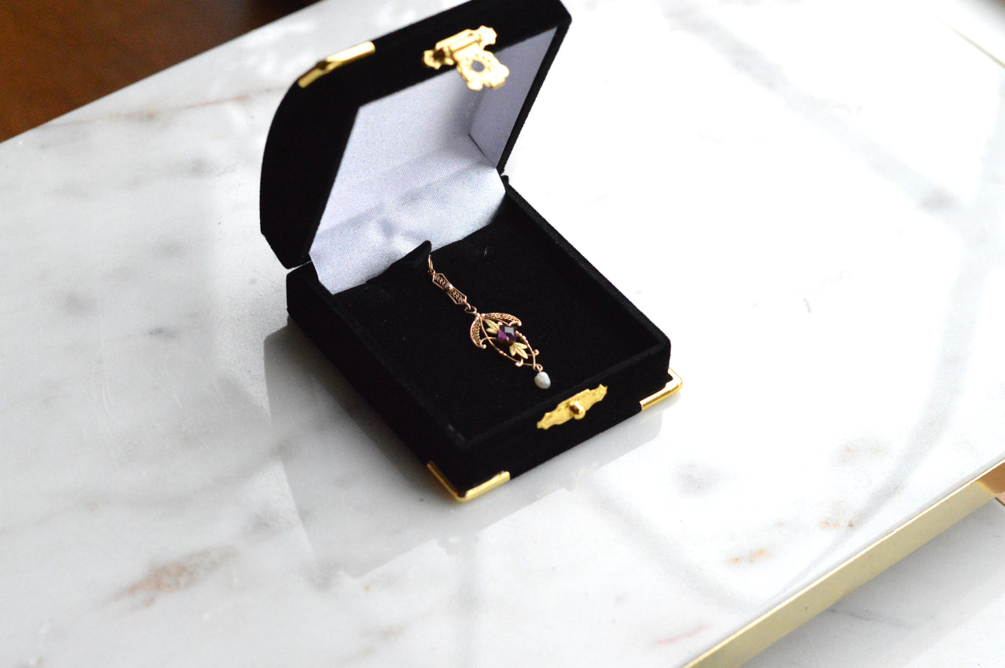 Antique Edwardian 10K Gold Lavalier Pendant - Amethyst & Seed Pearl Filigree - Art Nouveau Openwork Drop Necklace - Circa 1910 Fine Jewelry