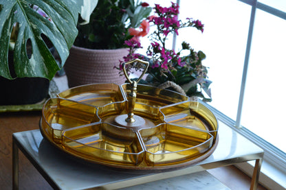 Vintage Mid Century Modern Lazy Susan - Thermo-Serv Westwood Amber Lucite 7 Piece Set - Faux Wood Base