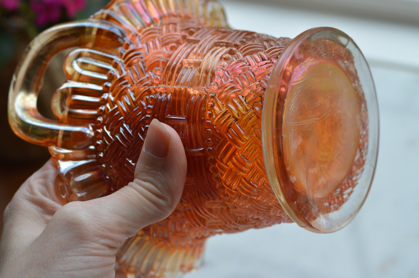 Antique Dugan Marigold Carnival Glass Handled Basket – Beaded Basketweave Pattern, Early 1900s Iridescent Art Glass