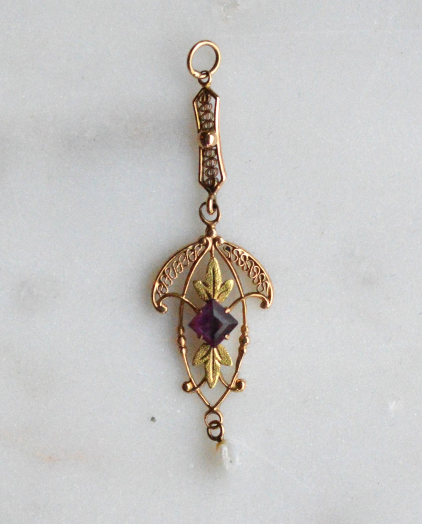 Antique Edwardian 10K Gold Lavalier Pendant - Amethyst & Seed Pearl Filigree - Art Nouveau Openwork Drop Necklace - Circa 1910 Fine Jewelry
