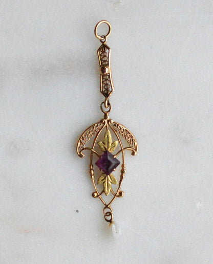 Antique Edwardian 10K Gold Lavalier Pendant - Amethyst & Seed Pearl Filigree - Art Nouveau Openwork Drop Necklace - Circa 1910 Fine Jewelry