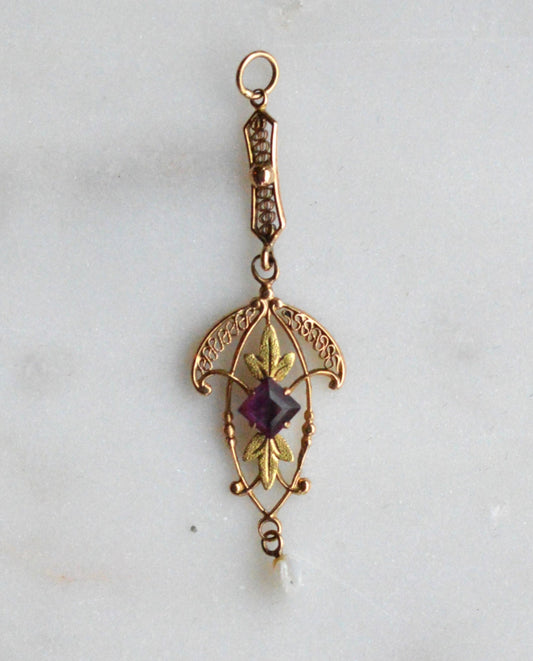 Antique Edwardian 10K Gold Lavalier Pendant - Amethyst & Seed Pearl Filigree - Art Nouveau Openwork Drop Necklace - Circa 1910 Fine Jewelry
