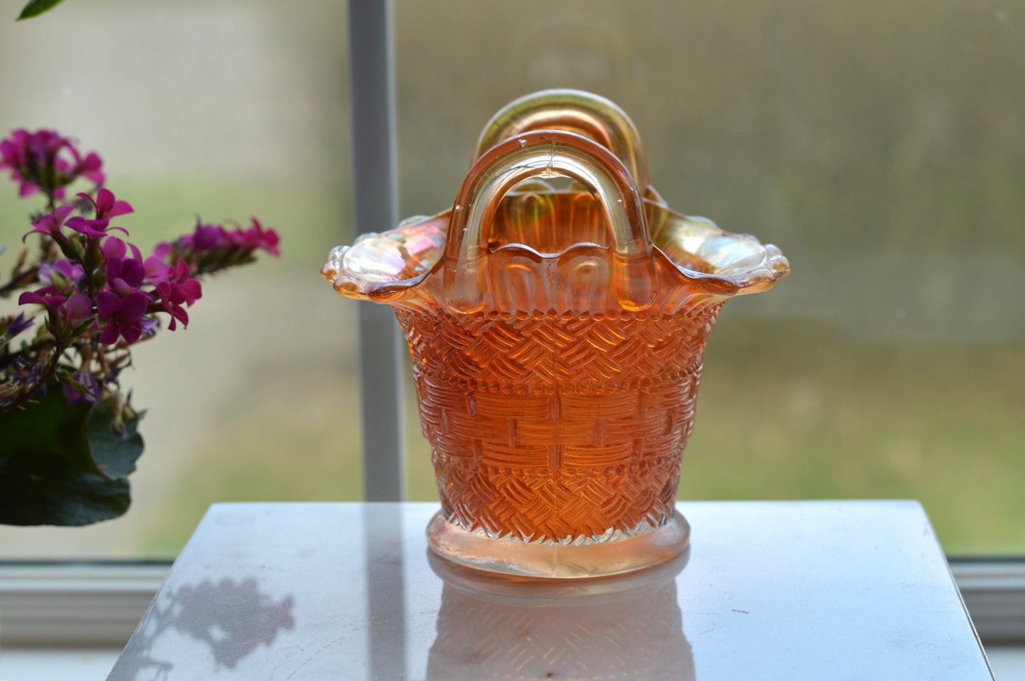 Antique Dugan Marigold Carnival Glass Handled Basket – Beaded Basketweave Pattern, Early 1900s Iridescent Art Glass