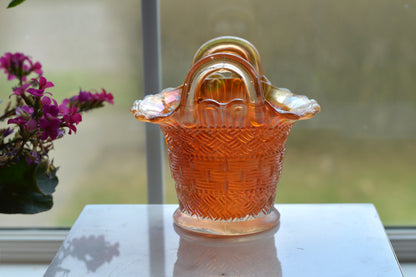 Antique Dugan Marigold Carnival Glass Handled Basket – Beaded Basketweave Pattern, Early 1900s Iridescent Art Glass
