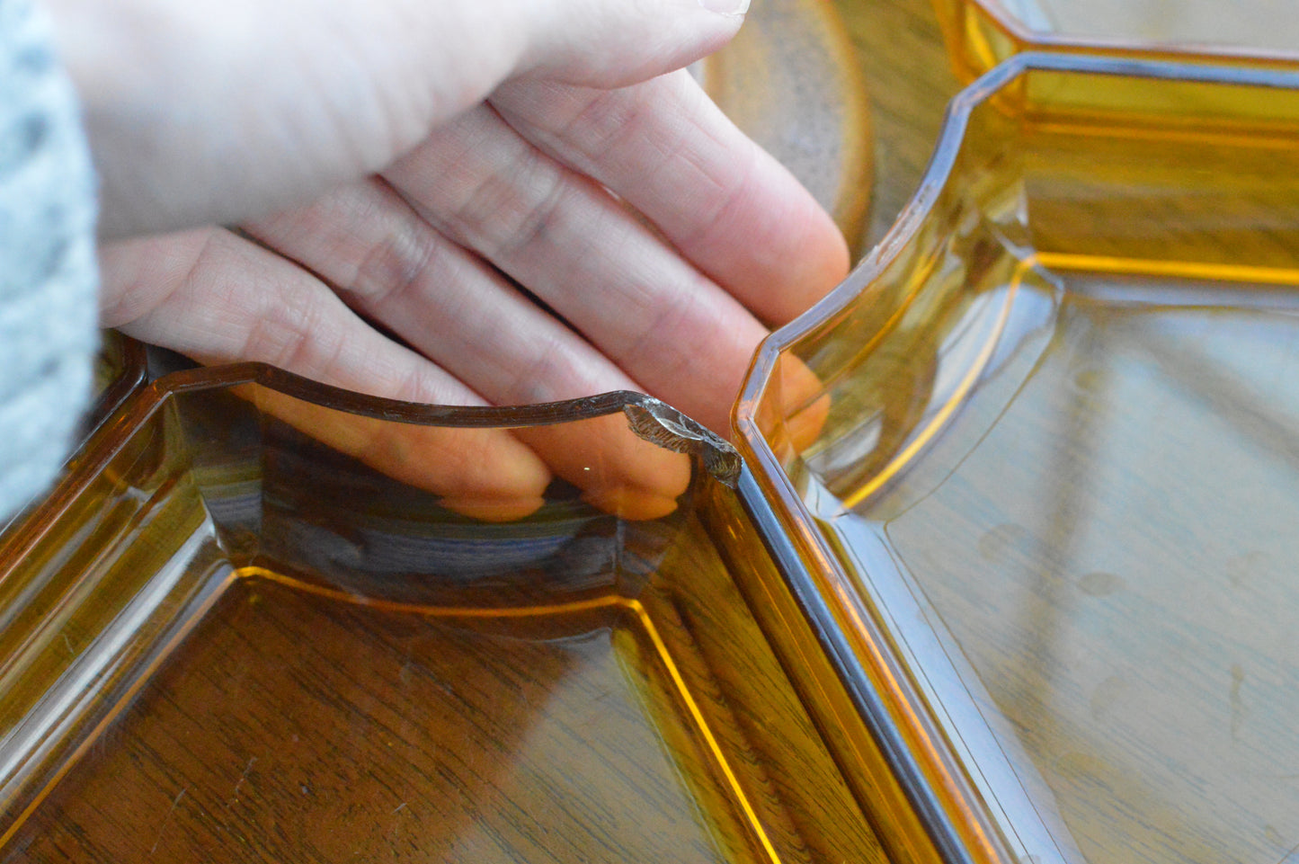 Vintage Mid Century Modern Lazy Susan - Thermo-Serv Westwood Amber Lucite 7 Piece Set - Faux Wood Base