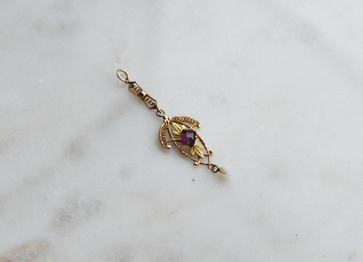 Antique Edwardian 10K Gold Lavalier Pendant - Amethyst & Seed Pearl Filigree - Art Nouveau Openwork Drop Necklace - Circa 1910 Fine Jewelry