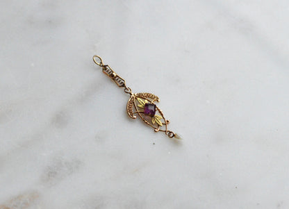 Antique Edwardian 10K Gold Lavalier Pendant - Amethyst & Seed Pearl Filigree - Art Nouveau Openwork Drop Necklace - Circa 1910 Fine Jewelry