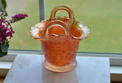 Antique Dugan Marigold Carnival Glass Handled Basket – Beaded Basketweave Pattern, Early 1900s Iridescent Art Glass