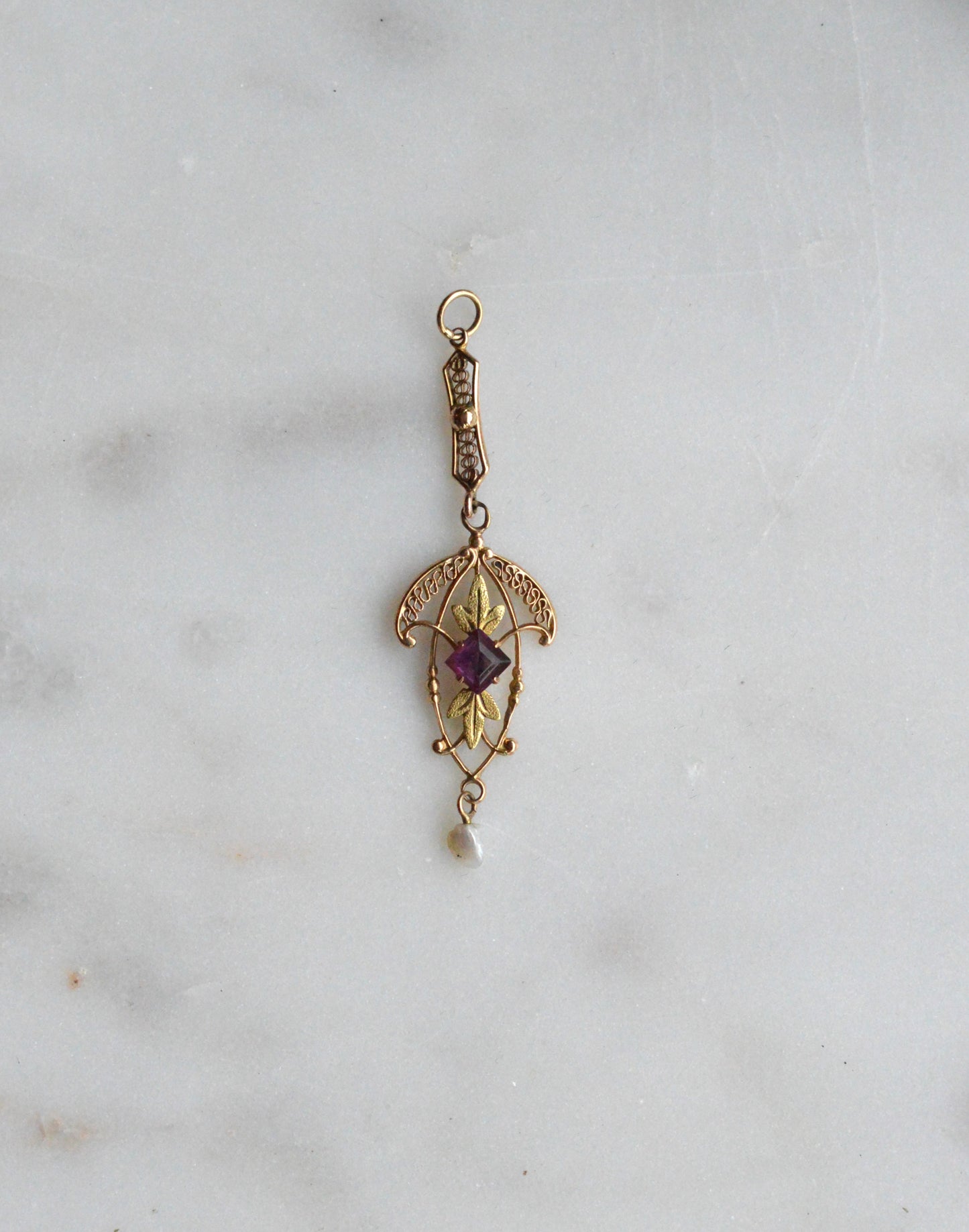 Antique Edwardian 10K Gold Lavalier Pendant - Amethyst & Seed Pearl Filigree - Art Nouveau Openwork Drop Necklace - Circa 1910 Fine Jewelry