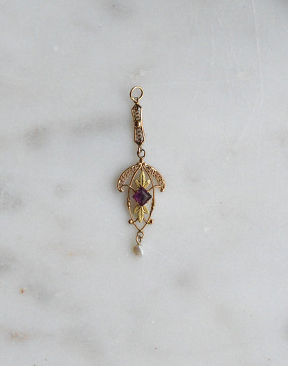 Antique Edwardian 10K Gold Lavalier Pendant - Amethyst & Seed Pearl Filigree - Art Nouveau Openwork Drop Necklace - Circa 1910 Fine Jewelry