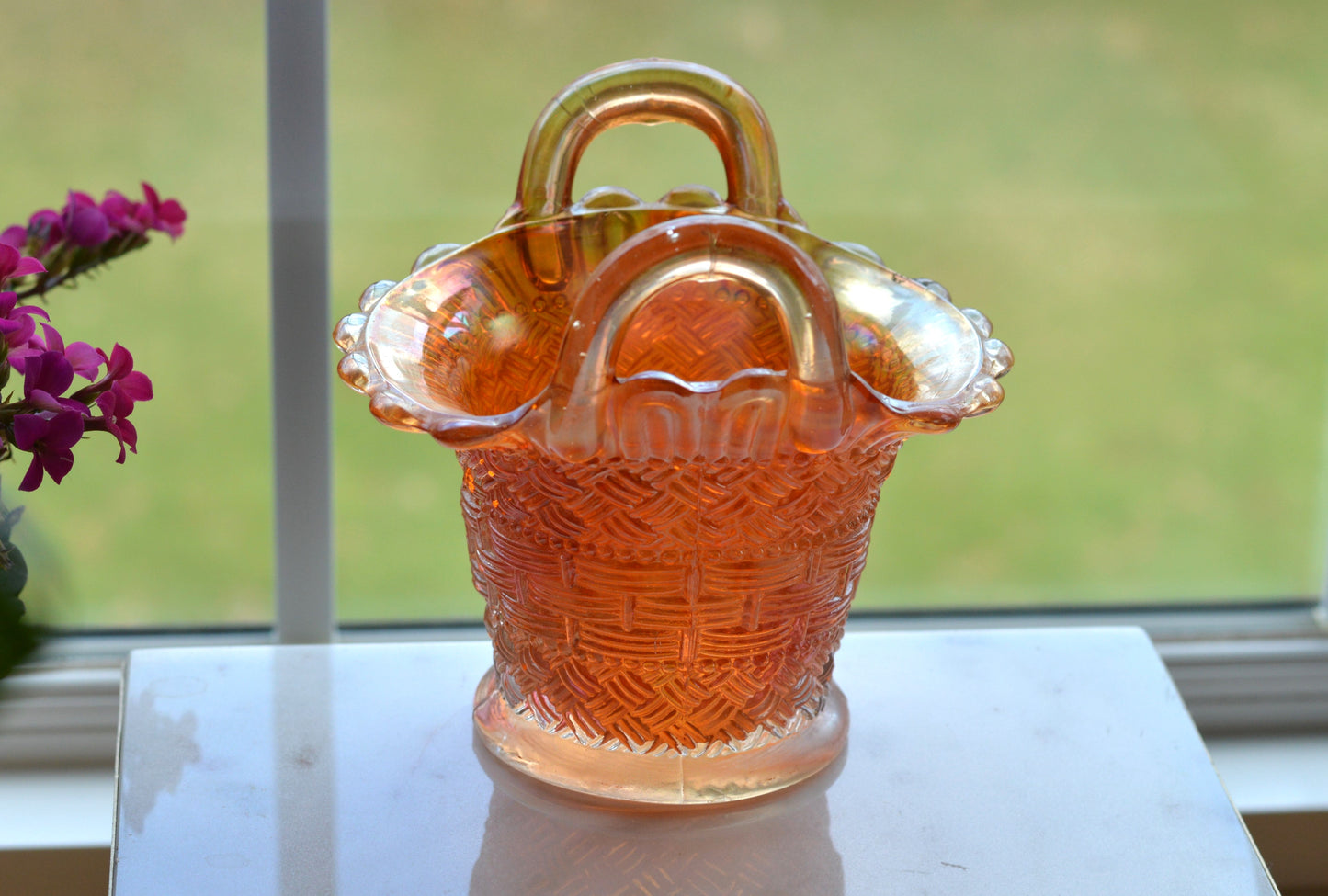 Antique Dugan Marigold Carnival Glass Handled Basket – Beaded Basketweave Pattern, Early 1900s Iridescent Art Glass