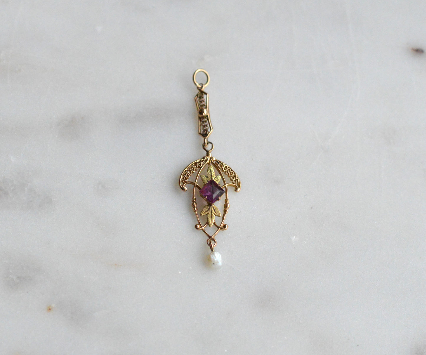 Antique Edwardian 10K Gold Lavalier Pendant - Amethyst & Seed Pearl Filigree - Art Nouveau Openwork Drop Necklace - Circa 1910 Fine Jewelry