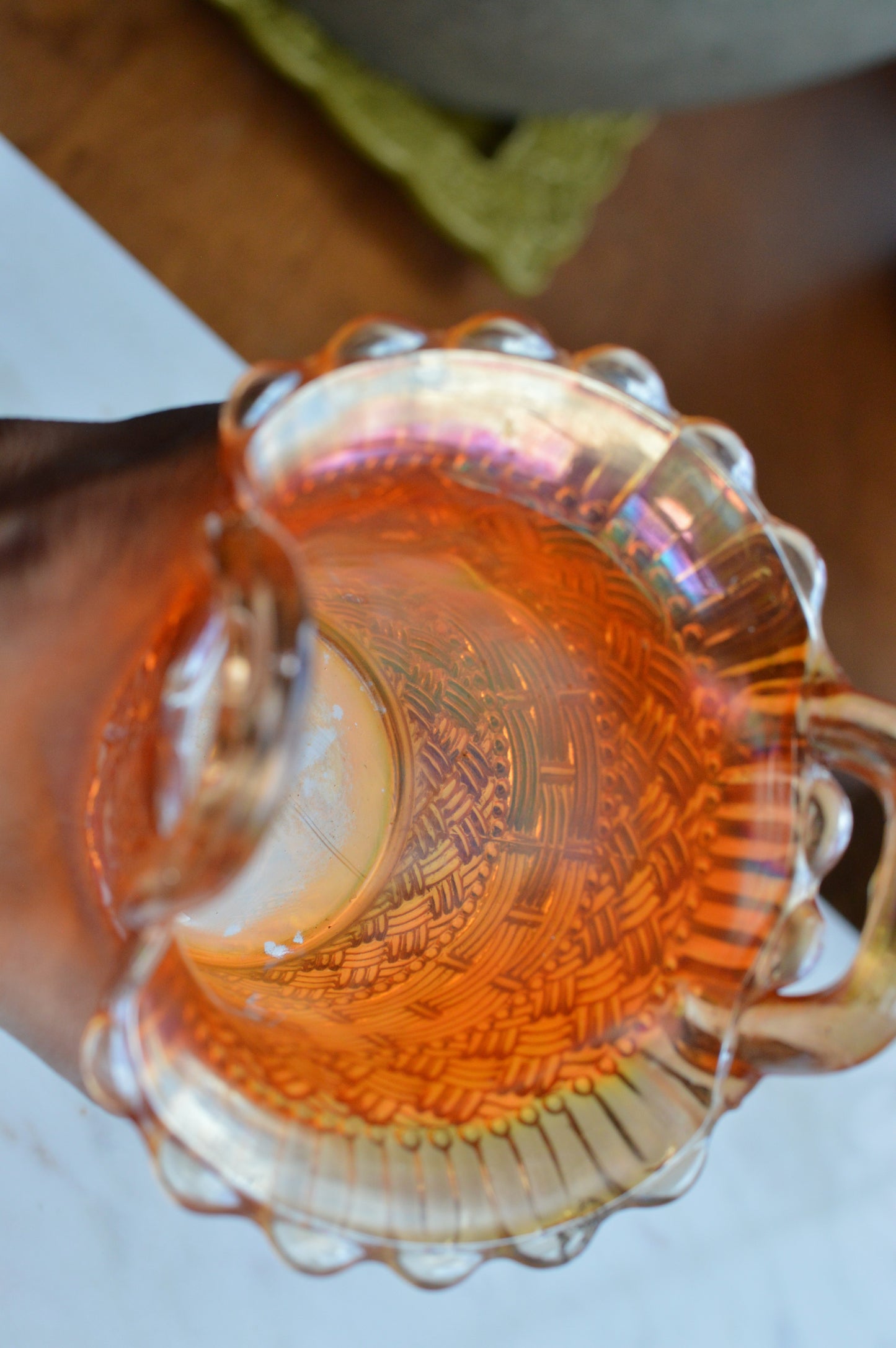 Antique Dugan Marigold Carnival Glass Handled Basket – Beaded Basketweave Pattern, Early 1900s Iridescent Art Glass