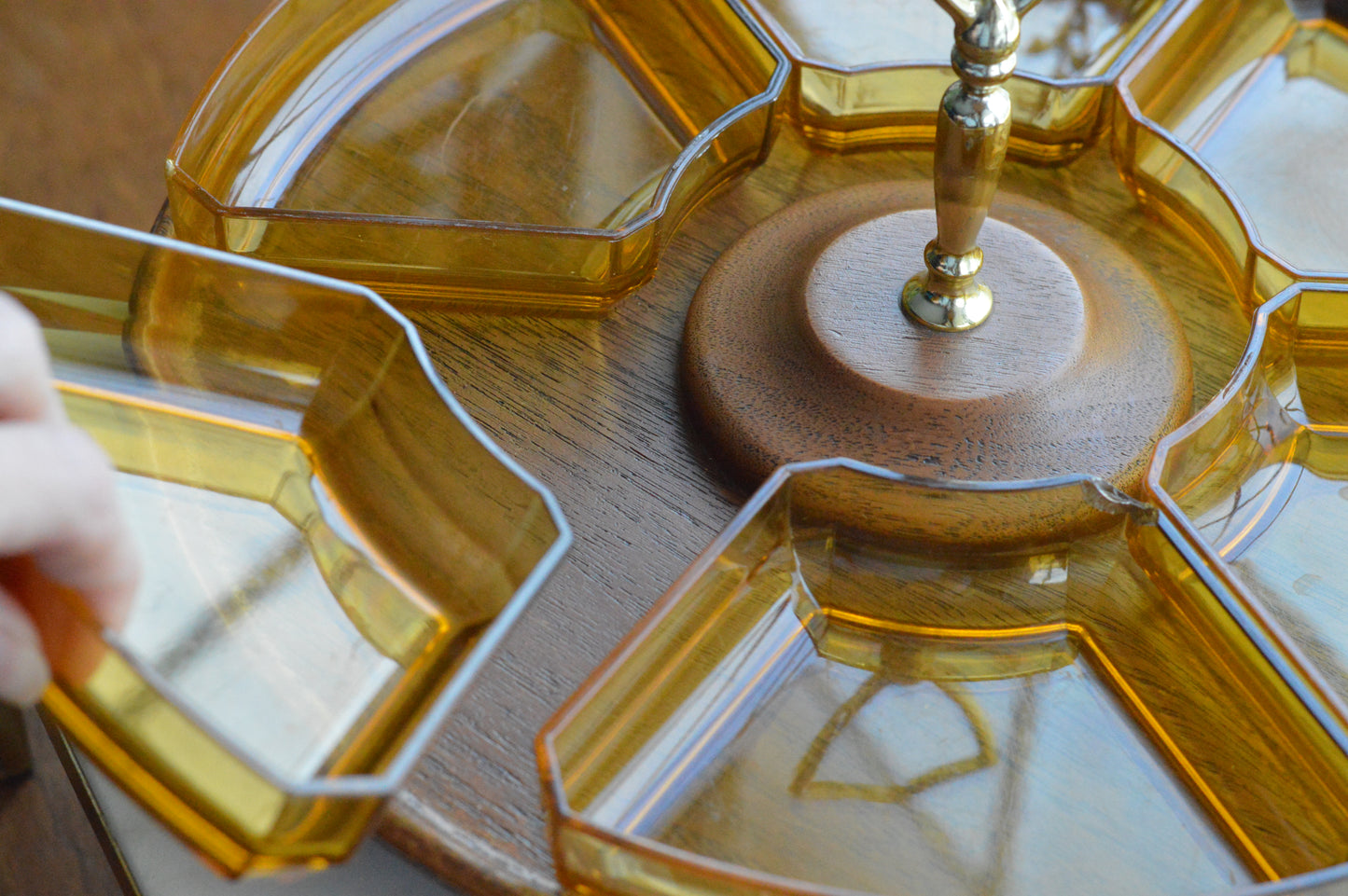 Vintage Mid Century Modern Lazy Susan - Thermo-Serv Westwood Amber Lucite 7 Piece Set - Faux Wood Base