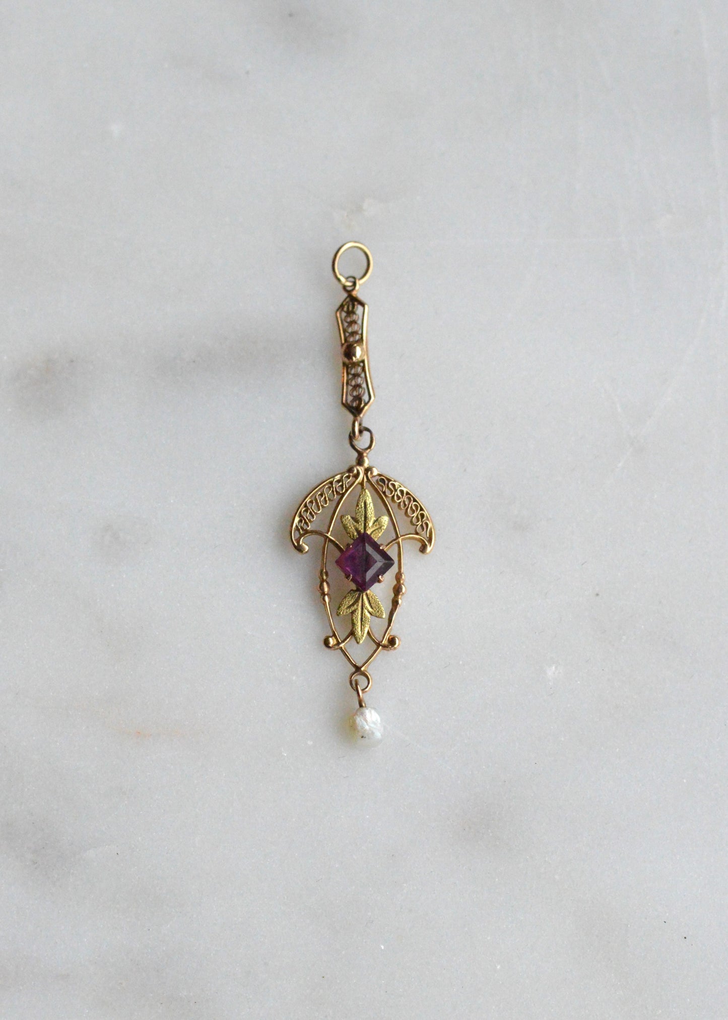 Antique Edwardian 10K Gold Lavalier Pendant - Amethyst & Seed Pearl Filigree - Art Nouveau Openwork Drop Necklace - Circa 1910 Fine Jewelry