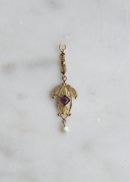 Antique Edwardian 10K Gold Lavalier Pendant - Amethyst & Seed Pearl Filigree - Art Nouveau Openwork Drop Necklace - Circa 1910 Fine Jewelry