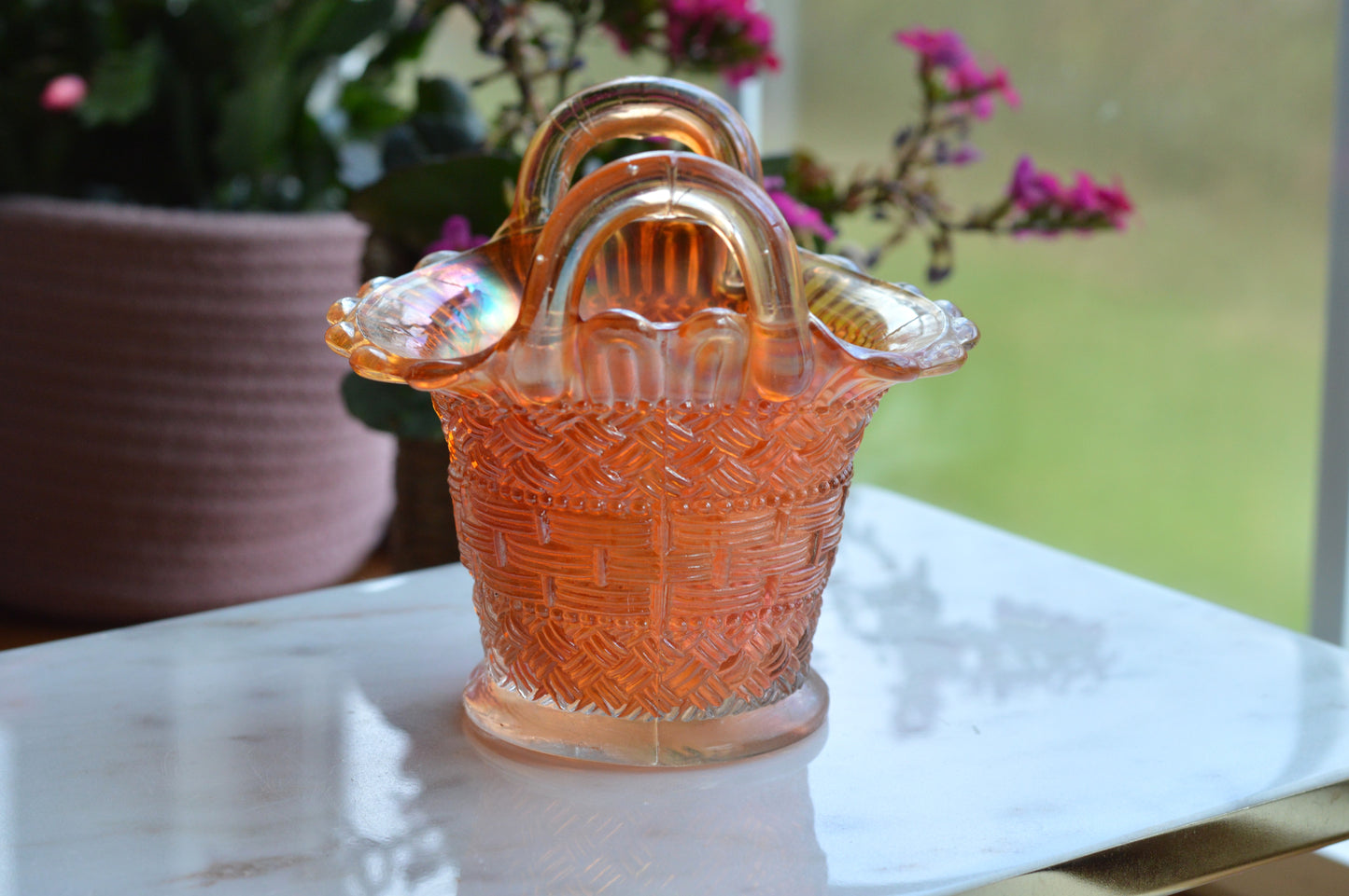 Antique Dugan Marigold Carnival Glass Handled Basket – Beaded Basketweave Pattern, Early 1900s Iridescent Art Glass