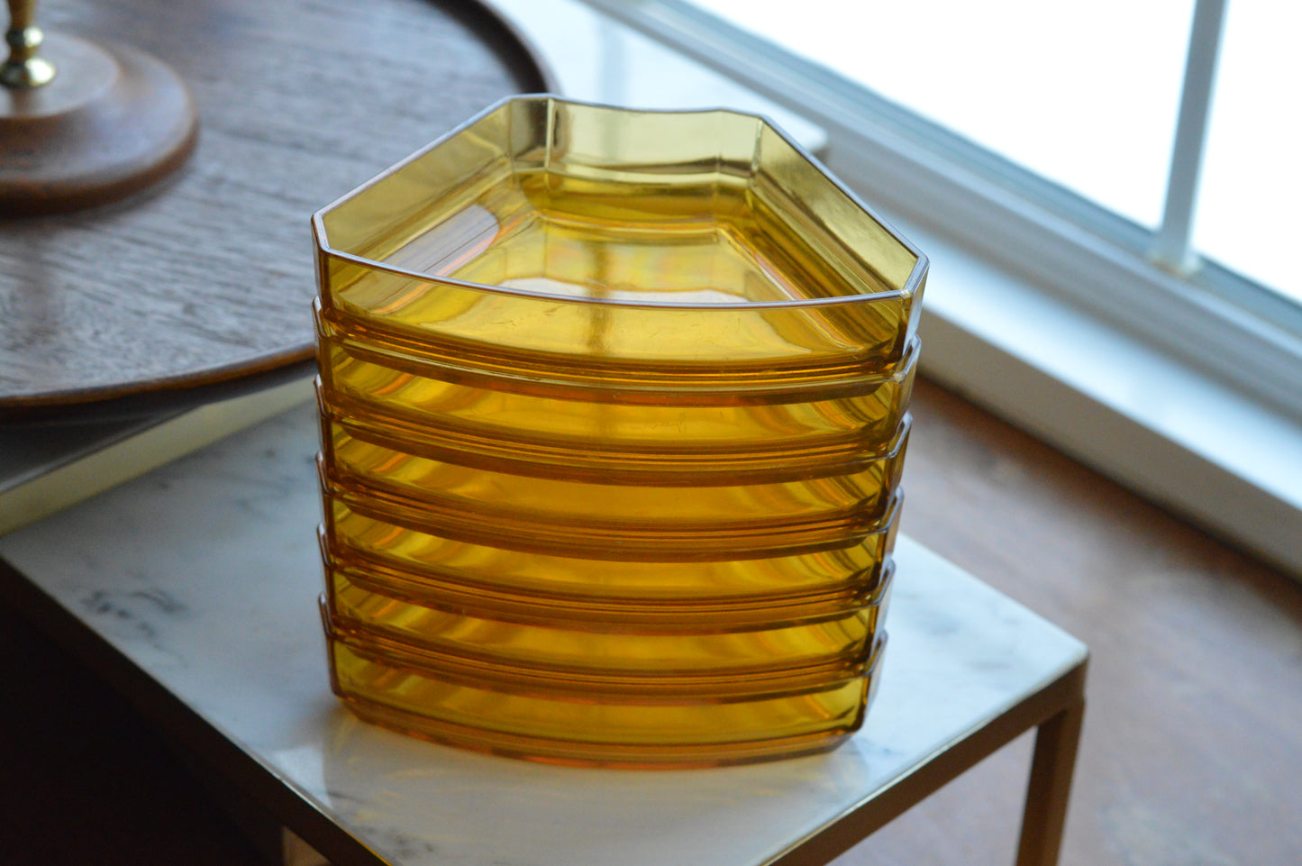 Vintage Mid Century Modern Lazy Susan - Thermo-Serv Westwood Amber Lucite 7 Piece Set - Faux Wood Base