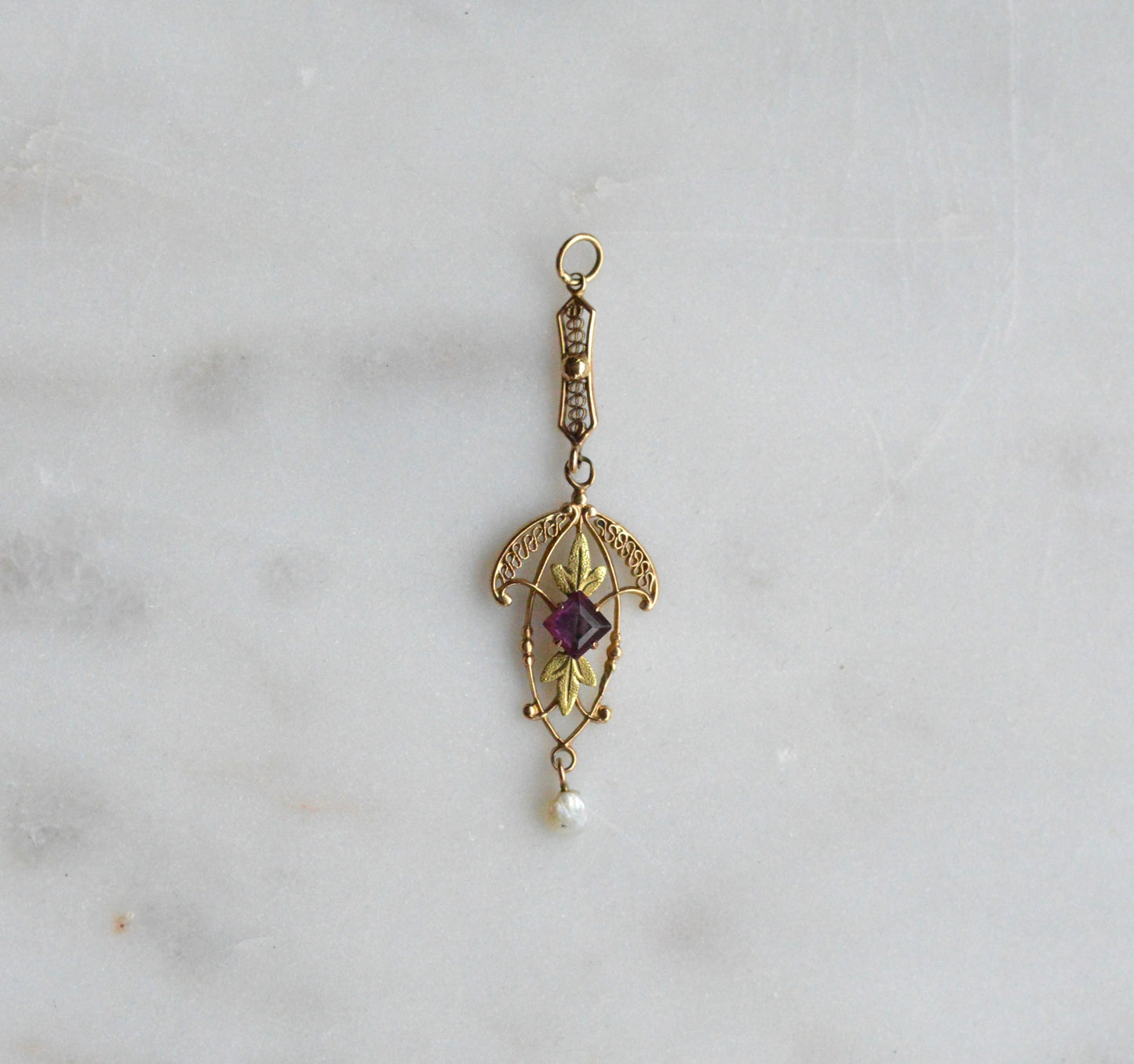 Antique Edwardian 10K Gold Lavalier Pendant - Amethyst & Seed Pearl Filigree - Art Nouveau Openwork Drop Necklace - Circa 1910 Fine Jewelry