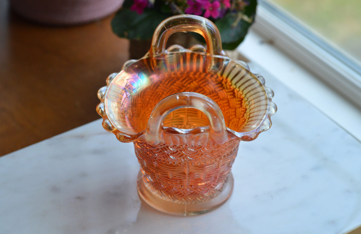 Antique Dugan Marigold Carnival Glass Handled Basket – Beaded Basketweave Pattern, Early 1900s Iridescent Art Glass