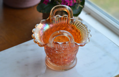 Antique Dugan Marigold Carnival Glass Handled Basket – Beaded Basketweave Pattern, Early 1900s Iridescent Art Glass