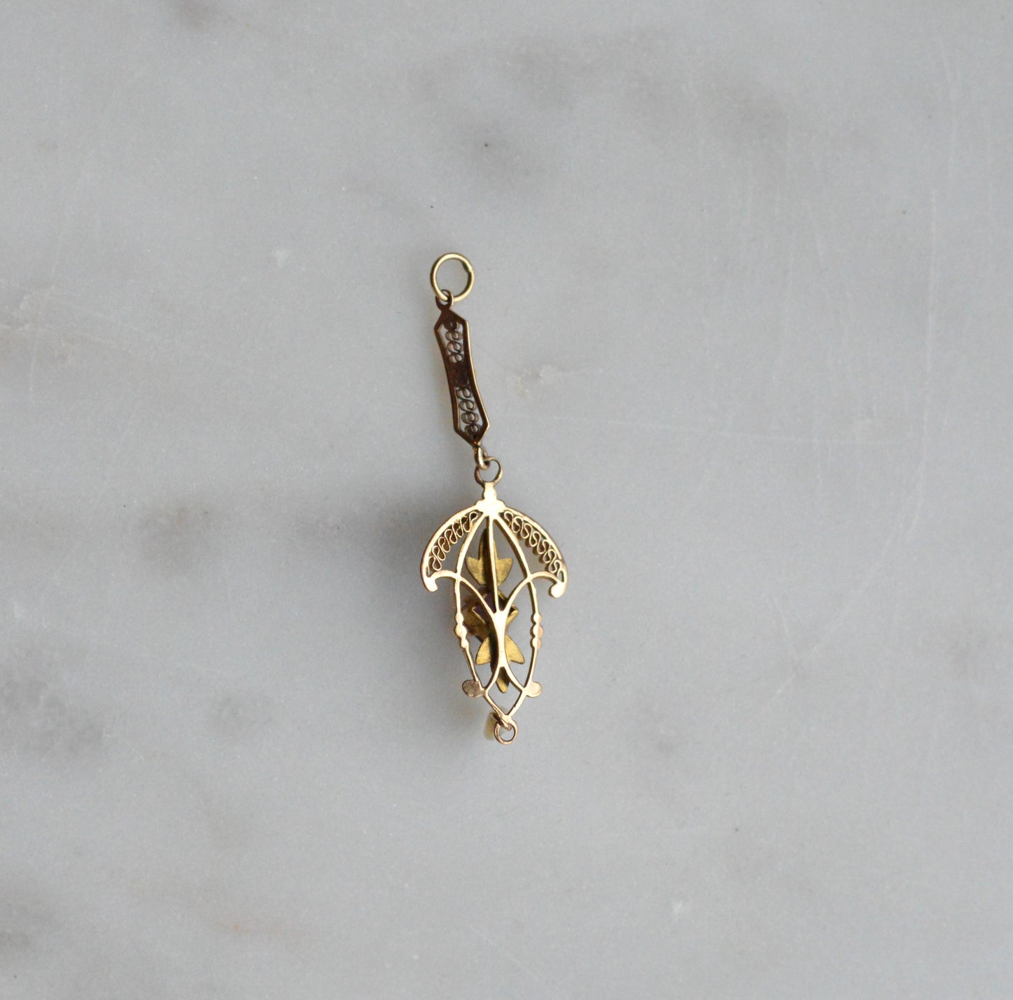 Antique Edwardian 10K Gold Lavalier Pendant - Amethyst & Seed Pearl Filigree - Art Nouveau Openwork Drop Necklace - Circa 1910 Fine Jewelry