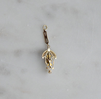 Antique Edwardian 10K Gold Lavalier Pendant - Amethyst & Seed Pearl Filigree - Art Nouveau Openwork Drop Necklace - Circa 1910 Fine Jewelry