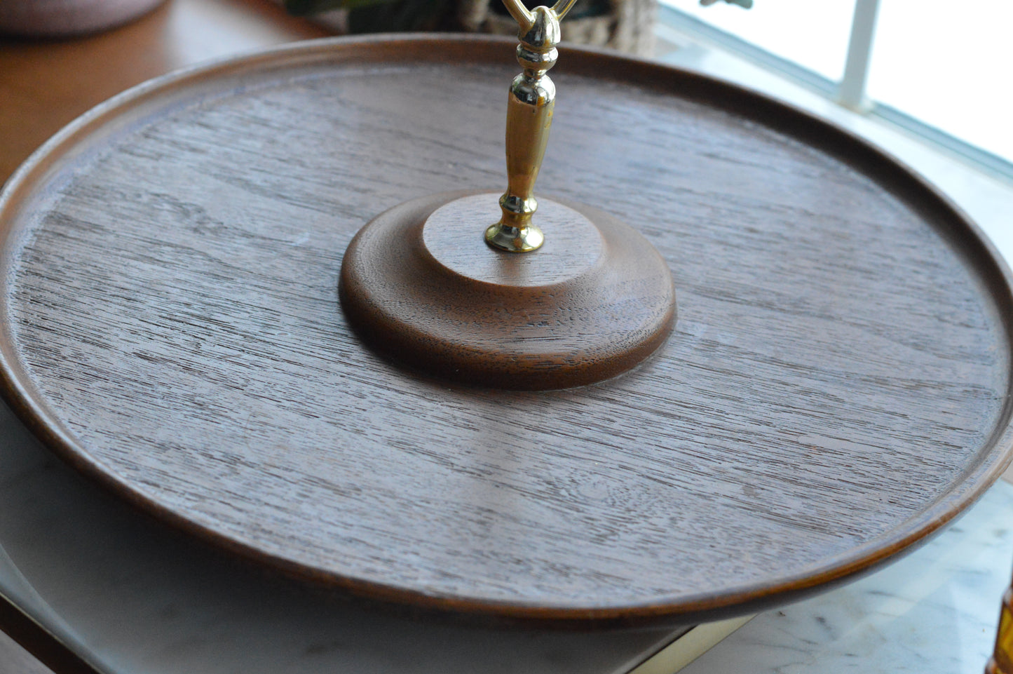Vintage Mid Century Modern Lazy Susan - Thermo-Serv Westwood Amber Lucite 7 Piece Set - Faux Wood Base