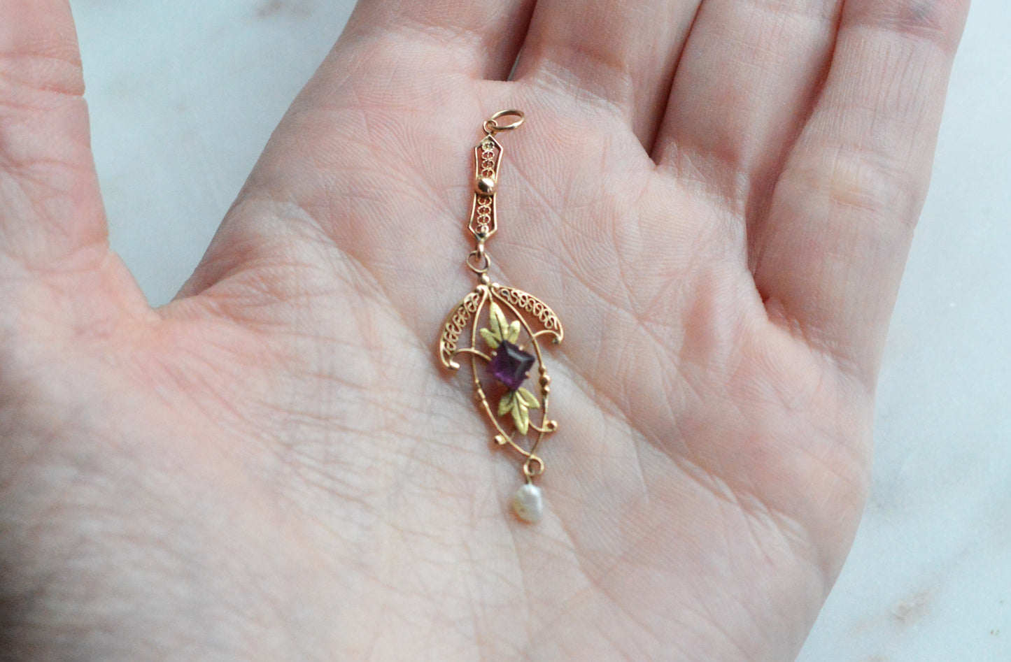 Antique Edwardian 10K Gold Lavalier Pendant - Amethyst & Seed Pearl Filigree - Art Nouveau Openwork Drop Necklace - Circa 1910 Fine Jewelry