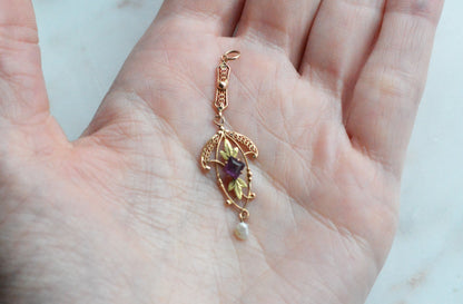 Antique Edwardian 10K Gold Lavalier Pendant - Amethyst & Seed Pearl Filigree - Art Nouveau Openwork Drop Necklace - Circa 1910 Fine Jewelry