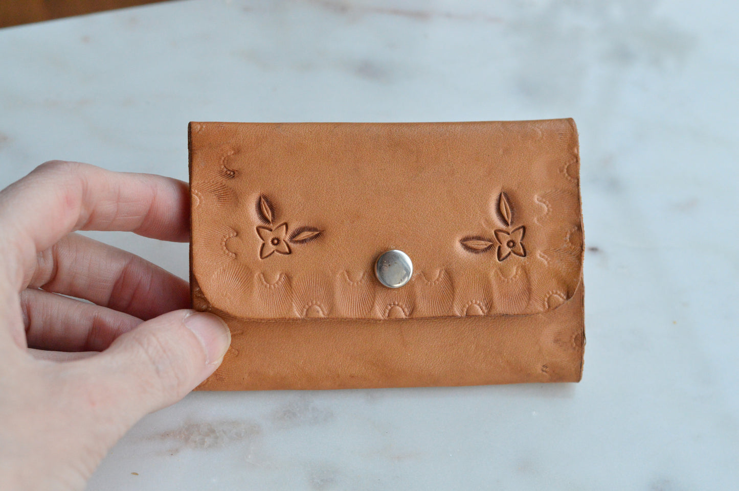 Vintage Order of the Eastern Star (OES) Tooled Leather Folding Mirror - Masonic Vanity Pouch