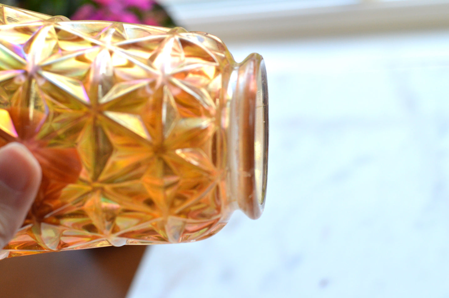Antique Imperial Glass Diamond & Sunburst Fairy Lamp Shade - Marigold Carnival Glass Candle Cover & Lid - Bottomless Hurricane Shade - Rare Replacement Part