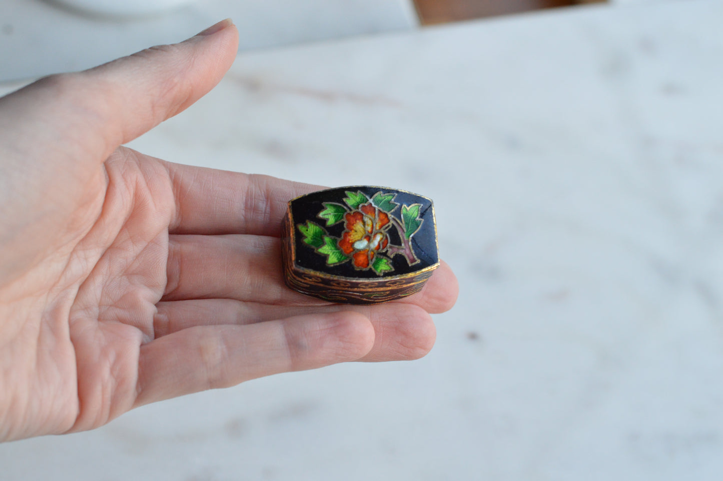 Vintage Chinese Cloisonné Pill Box - Black Enamel Floral Trinket Box - Turquoise Blue Interior - Small Hinged Keepsake Box