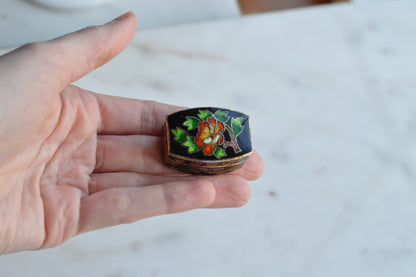 Vintage Chinese Cloisonné Pill Box - Black Enamel Floral Trinket Box - Turquoise Blue Interior - Small Hinged Keepsake Box