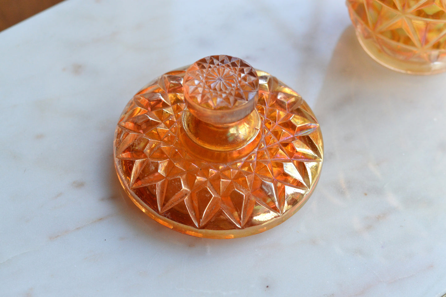 Antique Imperial Glass Diamond & Sunburst Fairy Lamp Shade - Marigold Carnival Glass Candle Cover & Lid - Bottomless Hurricane Shade - Rare Replacement Part