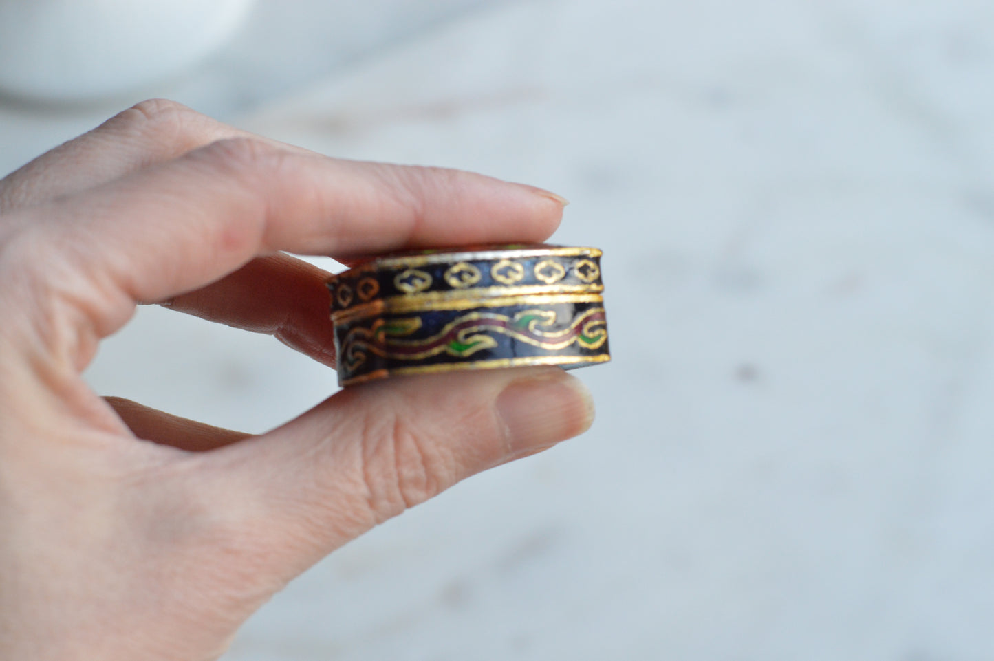 Vintage Chinese Cloisonné Pill Box - Black Enamel Floral Trinket Box - Turquoise Blue Interior - Small Hinged Keepsake Box