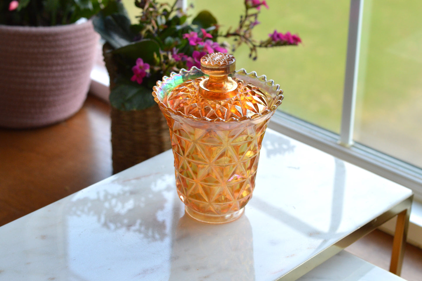 Antique Imperial Glass Diamond & Sunburst Fairy Lamp Shade - Marigold Carnival Glass Candle Cover & Lid - Bottomless Hurricane Shade - Rare Replacement Part