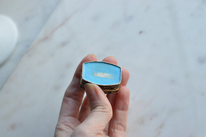 Vintage Chinese Cloisonné Pill Box - Black Enamel Floral Trinket Box - Turquoise Blue Interior - Small Hinged Keepsake Box